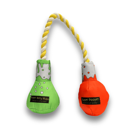 Two plush beaker-shaped dog toys connected by a durable rope