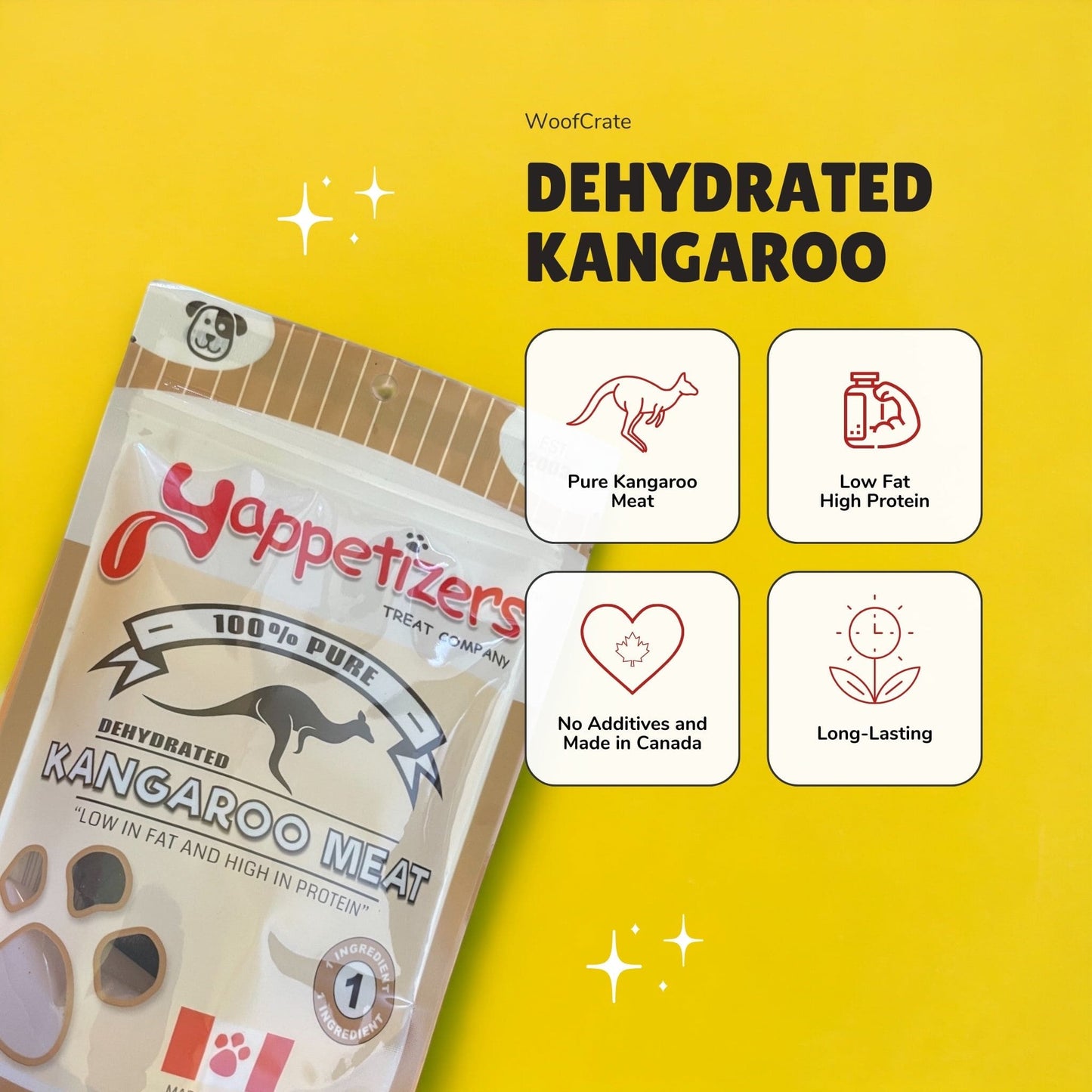 Benefits of dehydrated kangaroo treats for dogs side by side with a bag of kangaroo dog treats. The benefits include being high in protein, having no additives, being made in Canada, and are long lasting.