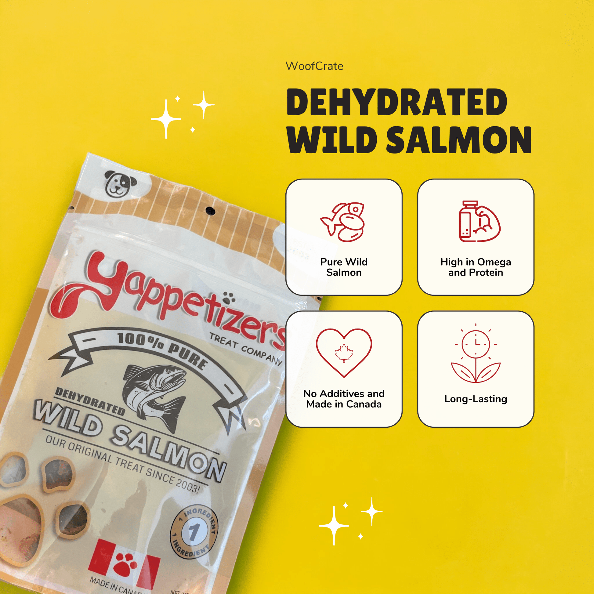 Benefits of dehydrated salmon treats for dogs side by side with a bag of salmon dog treats. The benefits include being high in omega and protein, having no additives, being made in Canada, and are long lasting.