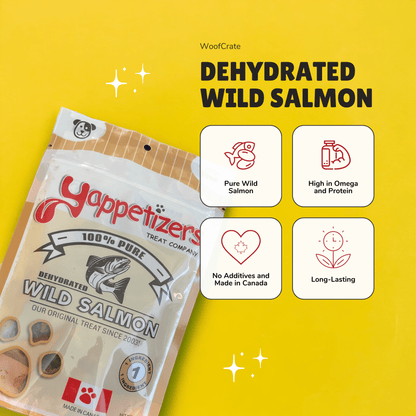 Benefits of dehydrated salmon treats for dogs side by side with a bag of salmon dog treats. The benefits include being high in omega and protein, having no additives, being made in Canada, and are long lasting.