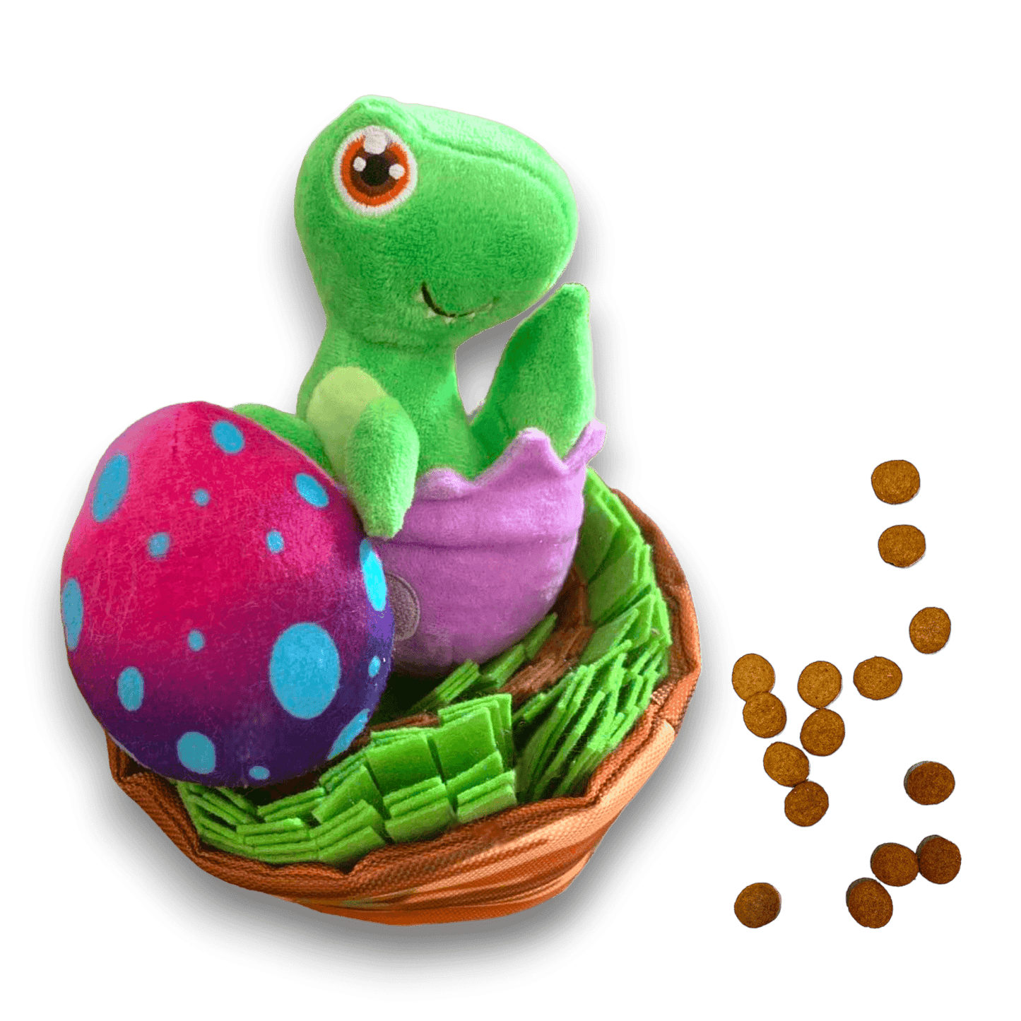Two part plush dog toy resembling a baby dinosaur coming out of its egg shell and a nest that is made of snuffle material with treats on the outside of the nest.