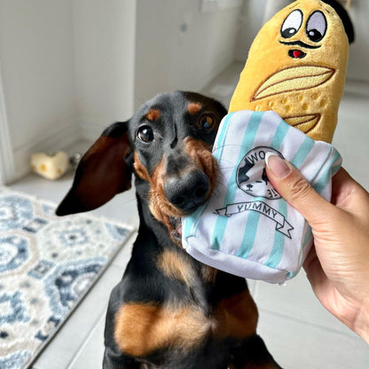 plush baguette being given to a dachshund dog.