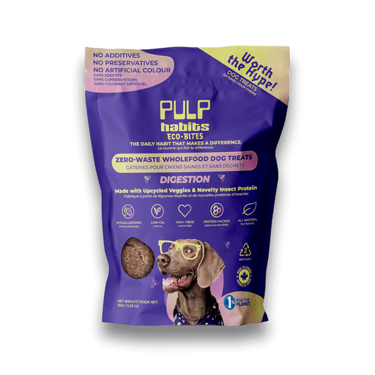 up close photo of a bag of pulp habits digestion dog treats. 