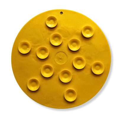 Yellow rubber duck design enrichment lick mat with suction cups on the backside for sticking it to the wall