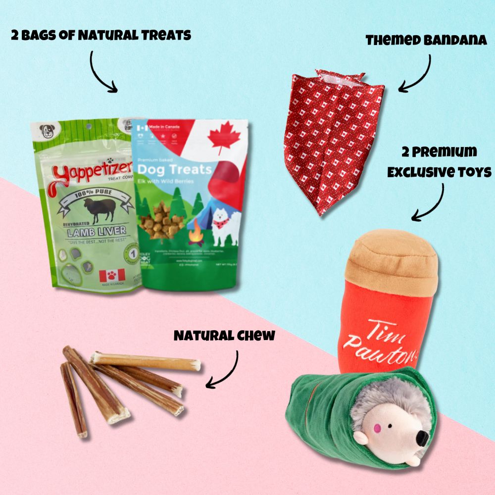 infographic of the contents of a woofcrate themed dog subscription box. It contains two bags of natural Canadian dog treats, two premium plush toys, a natural chew and a themed bandana.