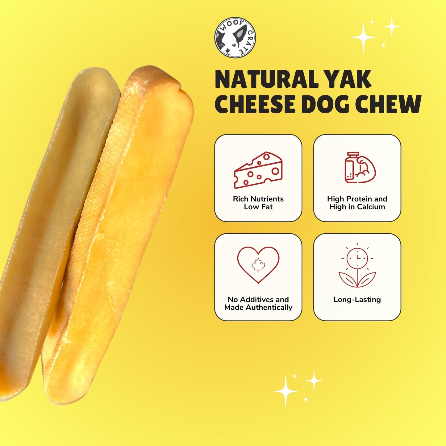 Infographic showing the benefits of yak chews for dogs. Including being rich in nutrients, low in fat, high in protein and calcium, no additives and long lasting.