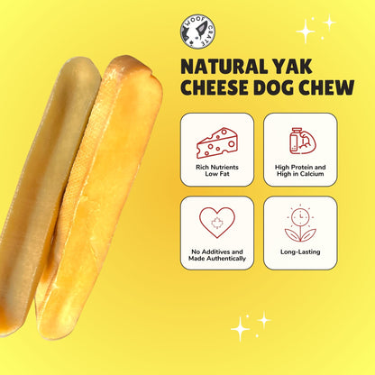 Infographic showing the benefits of yak chews for dogs. Including being rich in nutrients, low in fat, high in protein and calcium, no additives and long lasting.
